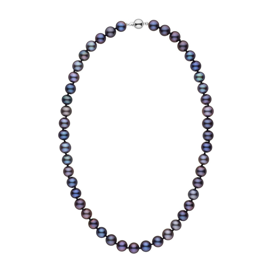 Close-up of an elegant 8.5-9.0 mm AA+ Black Freshwater Pearl Necklace featuring deep iridescent black pearls with hints of blue and purple tones, strung in a classic style.