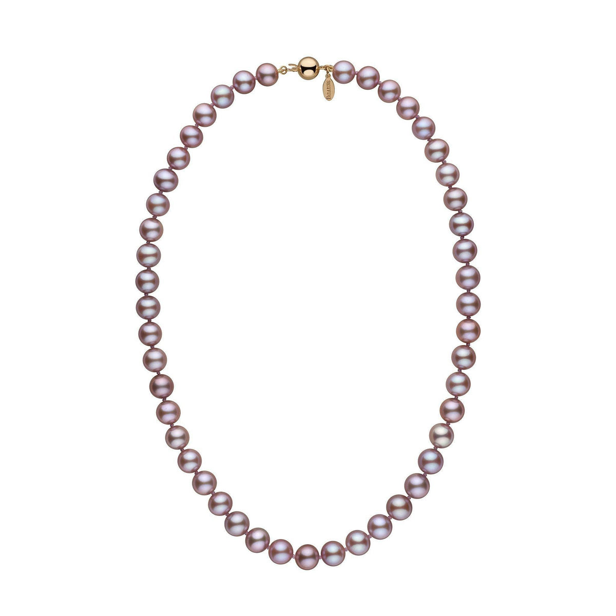Close-up of an elegant 8.5-9.0 mm Lavender Freshadama Freshwater Pearl Necklace featuring lustrous lavender pearls with a gold clasp, showcasing fine freshwater pearls for sale.