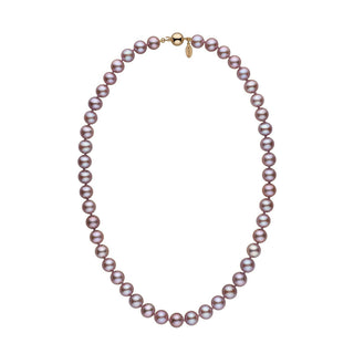 Close-up of an elegant 8.5-9.0 mm Lavender Freshadama Freshwater Pearl Necklace featuring lustrous lavender pearls with a gold clasp, showcasing fine freshwater pearls for sale.