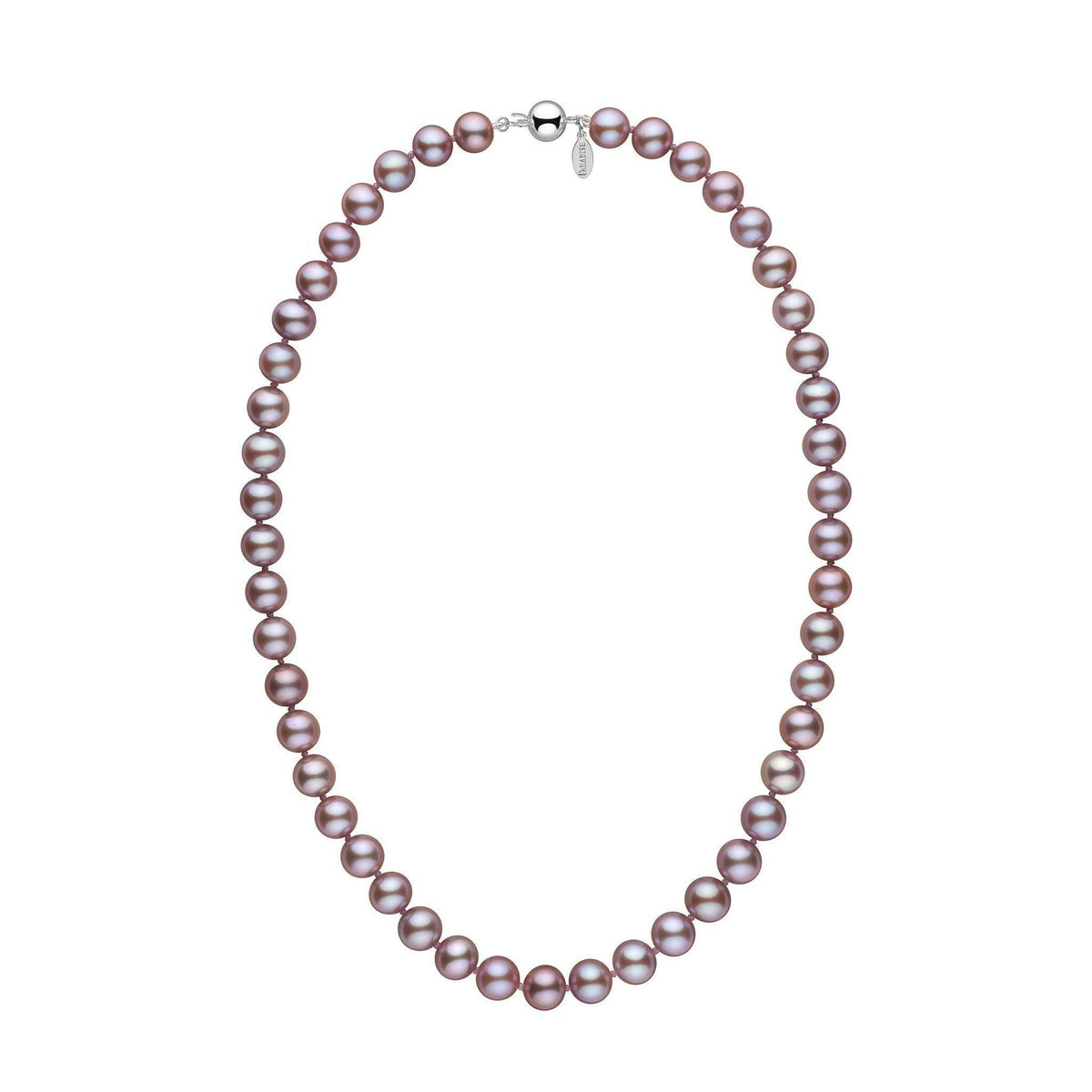 8.5-9.0 mm Lavender Freshadama Freshwater Pearl Necklace featuring round lavender freshwater pearls with a polished 14K white gold clasp, elegant and timeless pearl strand design.