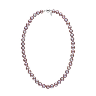 8.5-9.0 mm Lavender Freshadama Freshwater Pearl Necklace featuring round lavender freshwater pearls with a polished 14K white gold clasp, elegant and timeless pearl strand design.