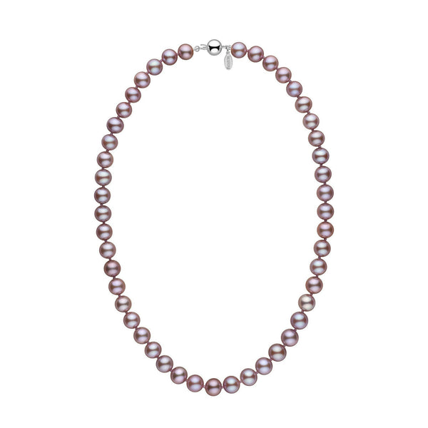 8.5-9.0 mm Lavender Freshadama Freshwater Pearl Necklace featuring round lavender freshwater pearls with a polished 14K white gold clasp, elegant and timeless pearl strand design.