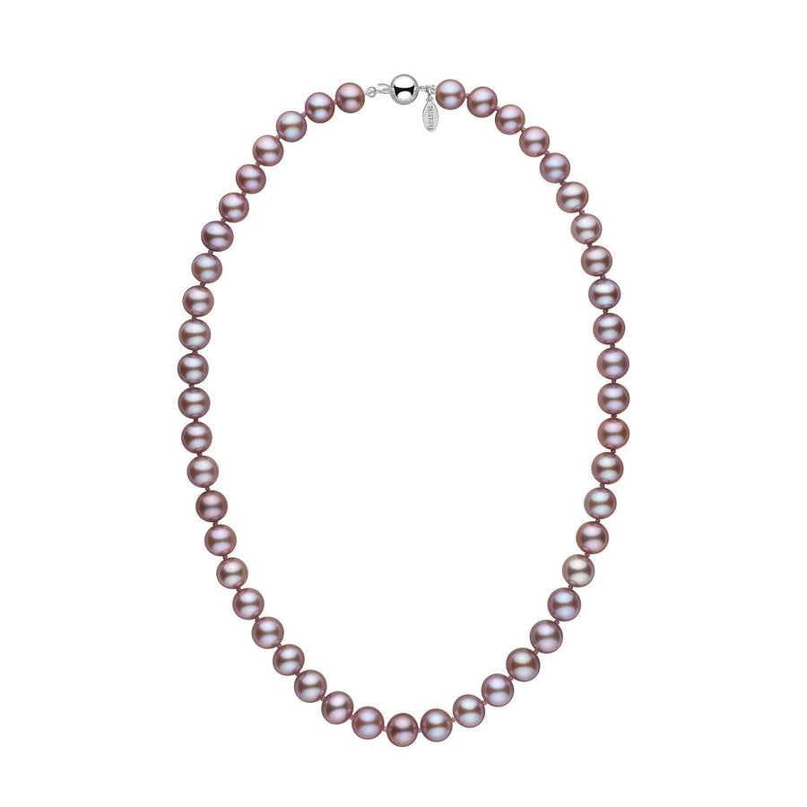8.5-9.0 mm Lavender Freshadama Freshwater Pearl Necklace featuring round lavender freshwater pearls with a polished 14K white gold clasp, elegant and timeless pearl strand design.