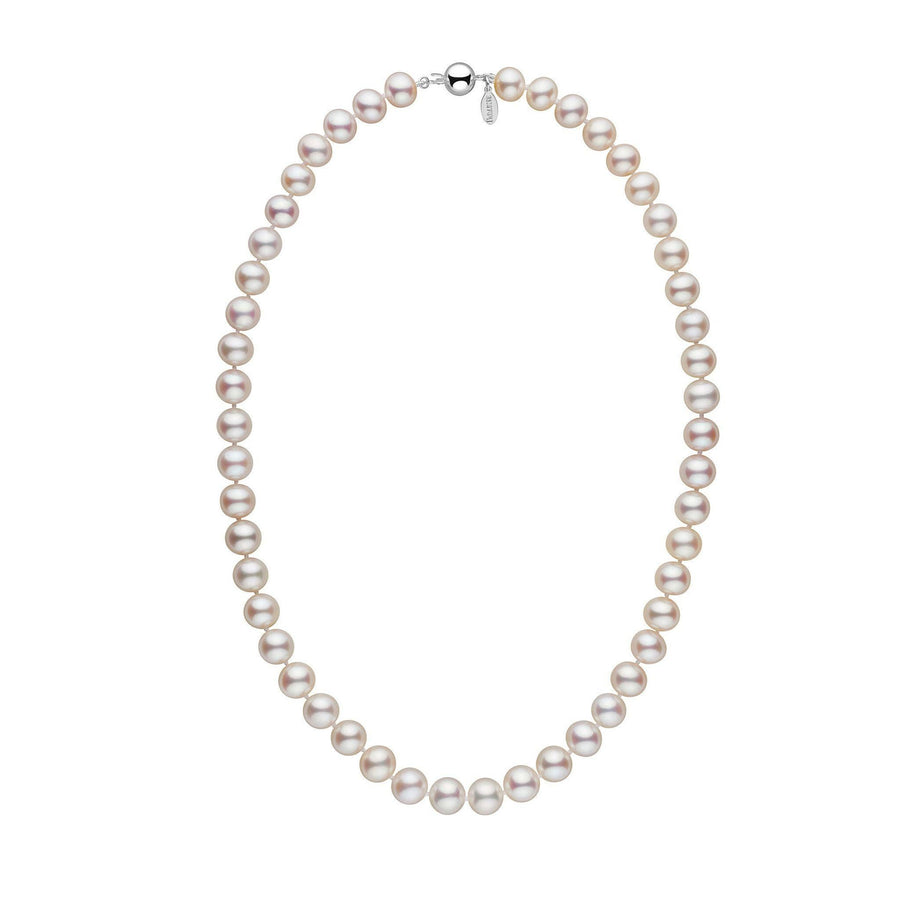8.5-9.0 mm White Freshadama Freshwater Pearl Necklace showcasing lustrous white freshwater pearls strung together with a 14K white gold clasp, perfect for elegant occasions.