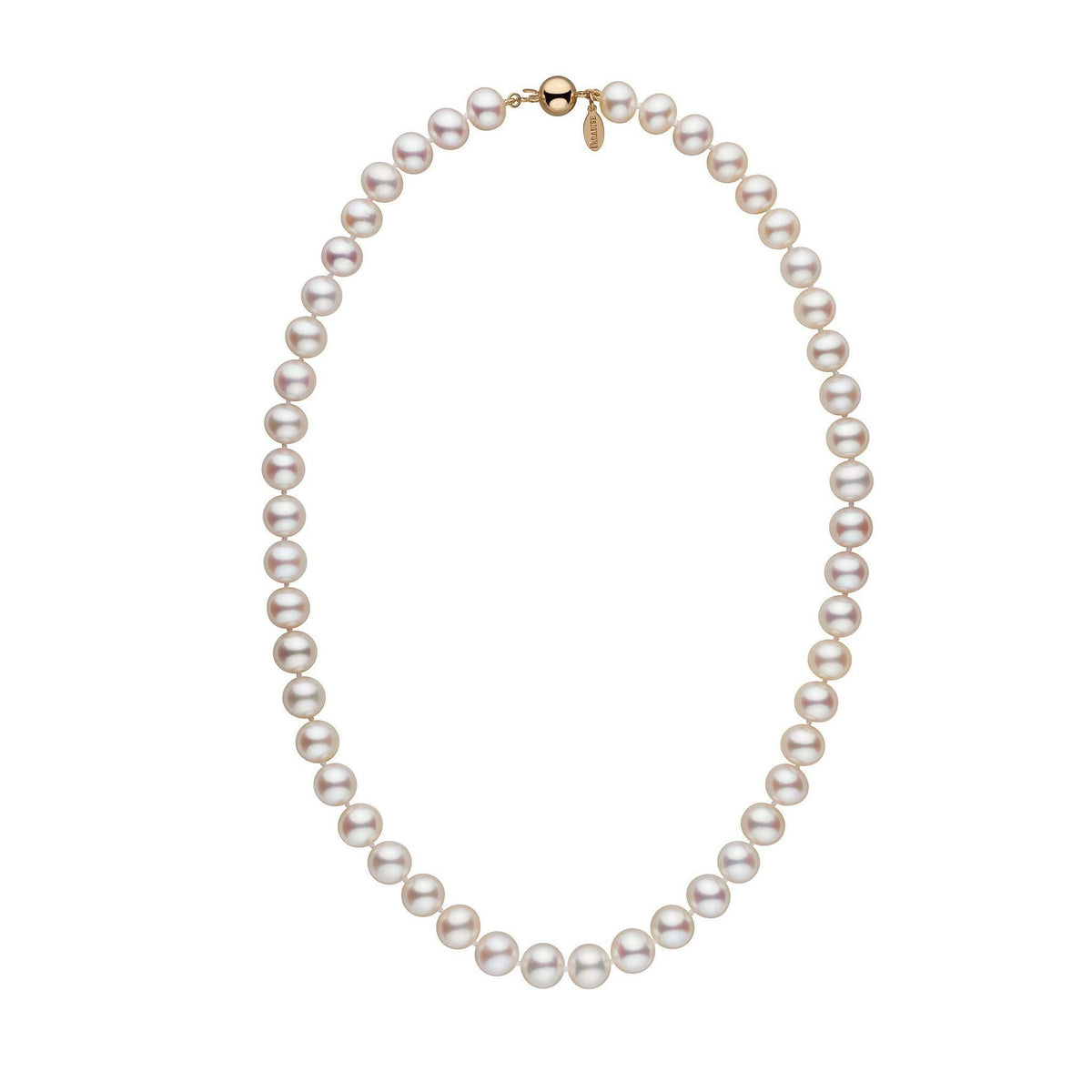 8.5-9.0 mm White Freshadama Freshwater Pearl Necklace featuring a classic strand of lustrous white freshwater pearls with a gold clasp, perfect for elegant occasions.