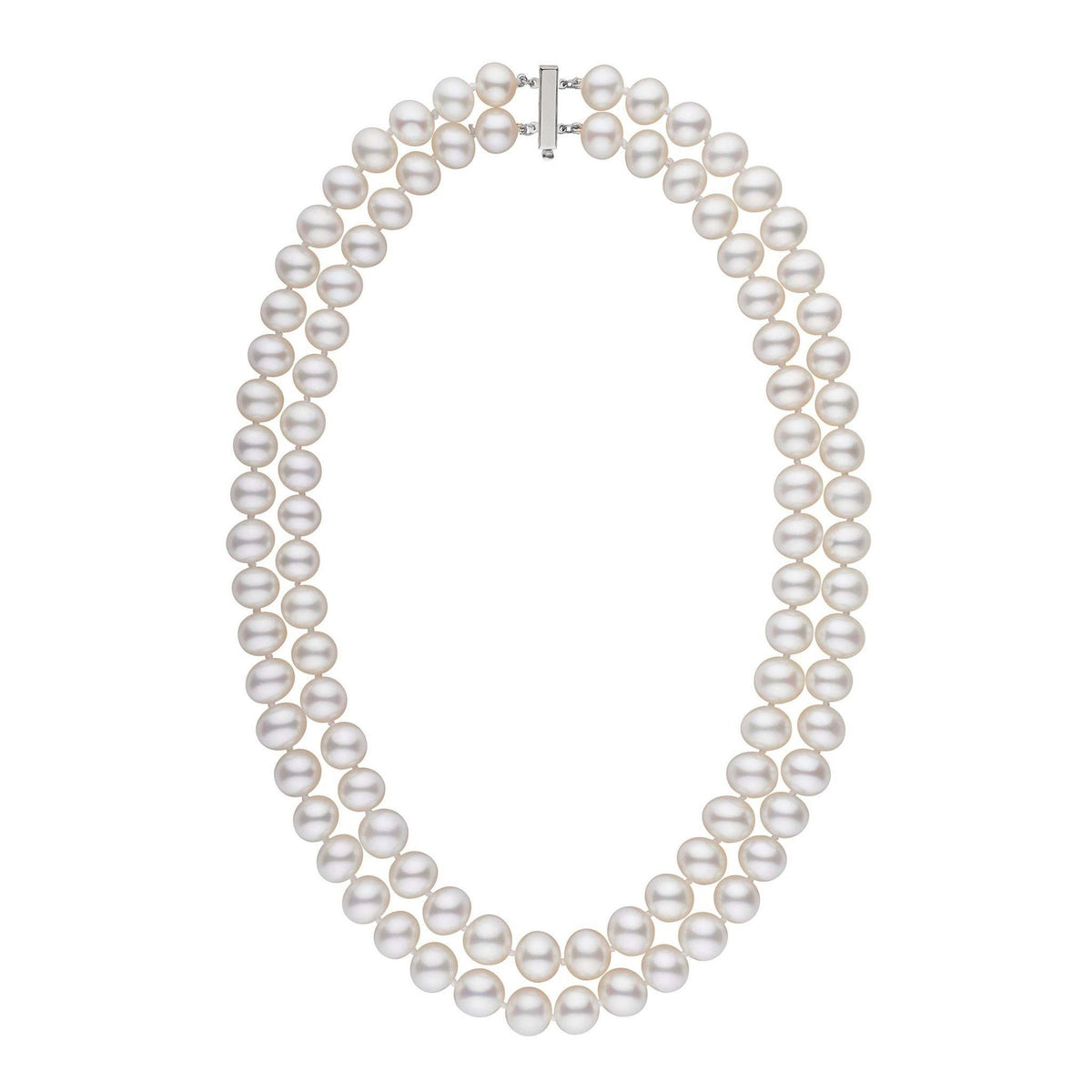 A double strand of white freshwater pearls with a gold clasp, knotted and displayed against a white background.