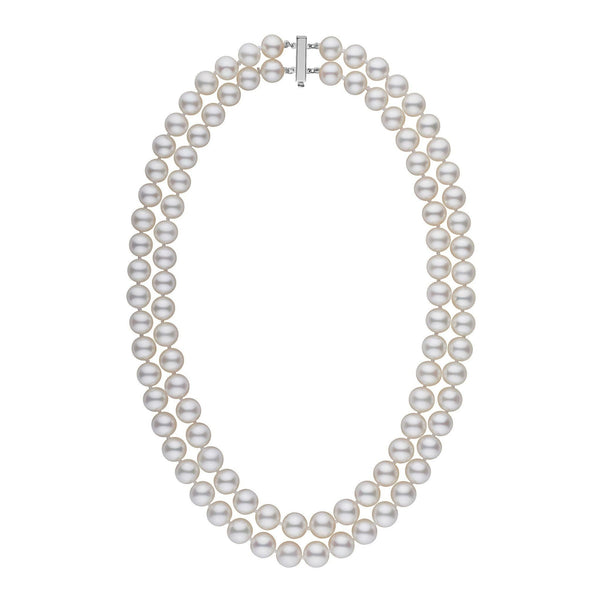 8.5-9.0 mm AAA Double Strand White Freshwater Pearl Necklace featuring lustrous, round white pearls with a secure 14K white gold clasp, elegant and timeless pearl jewelry.