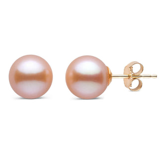 8.5-9.0 mm AAA Pink to Peach Freshwater Pearl Stud Earrings featuring lustrous round pearls with a subtle pink to peach gradient on gold posts, elegant and timeless accessory.