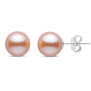 8.5-9.0 mm AAA Pink to Peach Freshwater Pearl Stud Earrings with lustrous round pearls and 14K white gold posts, showcasing a delicate gradient of soft pink and peach hues.