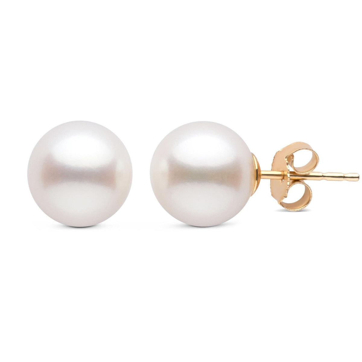 8.5-9.0 mm AAA White Freshwater Pearl Stud Earrings featuring lustrous round white pearls set on gold posts for an elegant and timeless accessory.