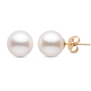 8.5-9.0 mm AAA White Freshwater Pearl Stud Earrings featuring lustrous round white pearls set on gold posts for an elegant and timeless accessory.