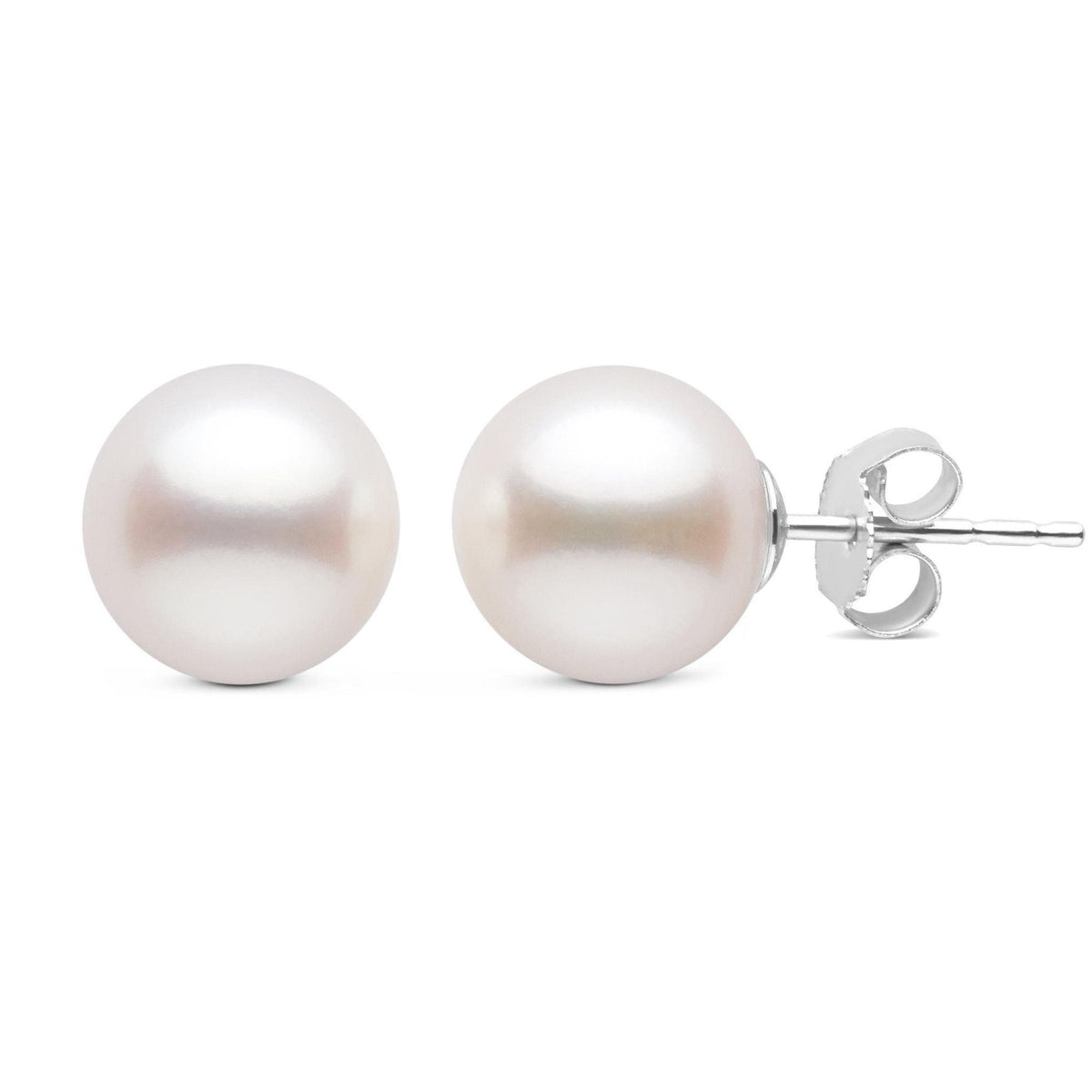 8.5-9.0 mm AAA White Freshwater Pearl Stud Earrings with smooth, lustrous white pearls set on 14K white gold posts, perfect for elegant and timeless everyday wear.