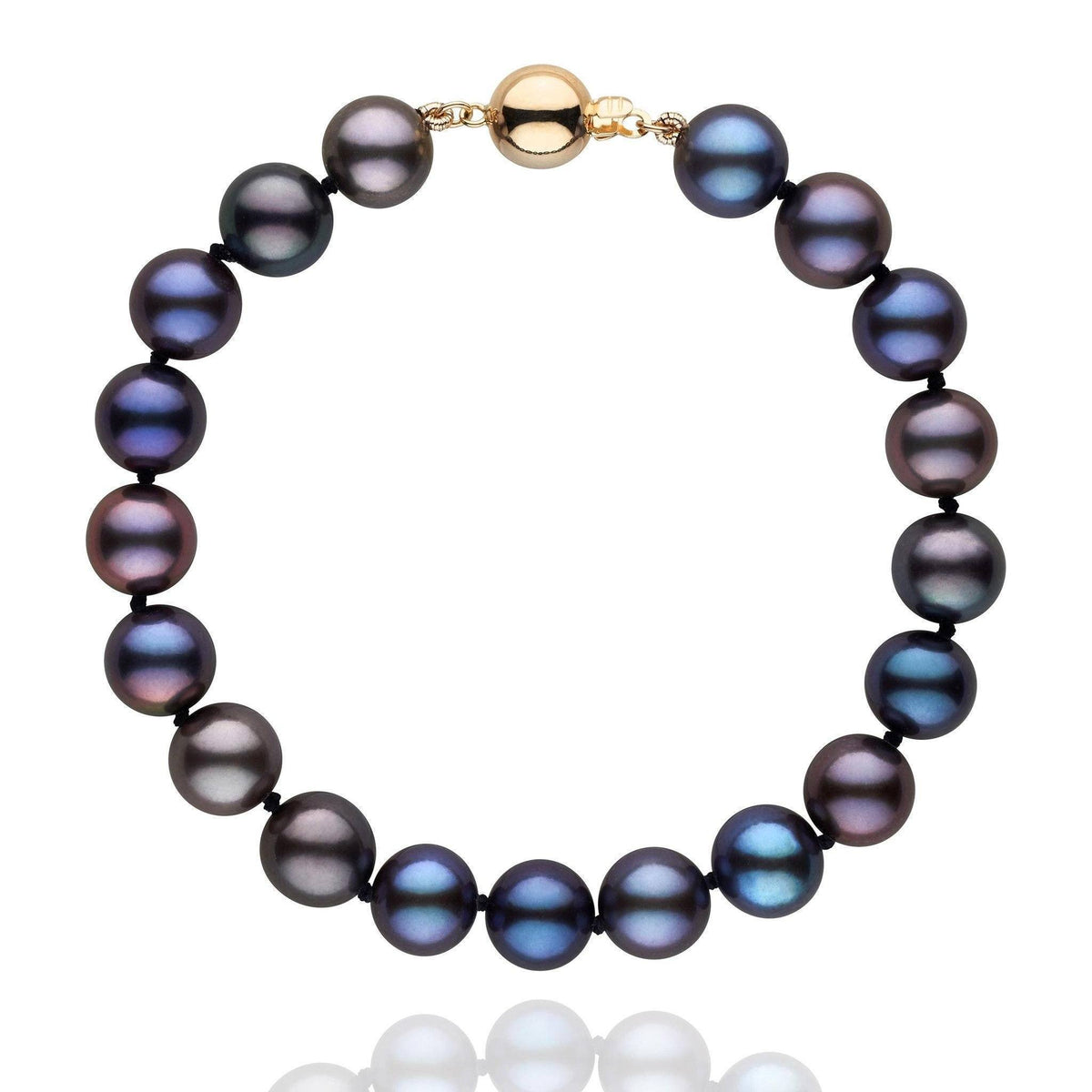 8.5-9.0 mm AAA Black Freshwater Pearl Bracelet with lustrous round black pearls in subtle shades of blue and purple, secured by a polished gold clasp.