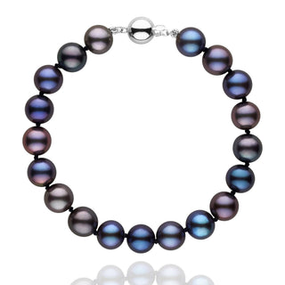 8.5-9.0 mm AAA Black Freshwater Pearl Bracelet featuring lustrous, dark-hued pearls with subtle iridescent shades of blue and purple, strung on a fine clasp for elegant wear.