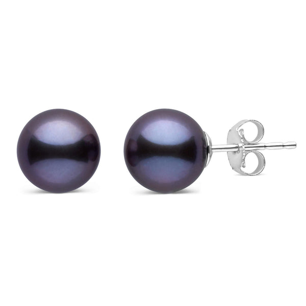 8.5-9.0 mm AAA Black Freshwater Pearl Stud Earrings featuring smooth, round black pearls with a lustrous finish set on 14K white gold posts, perfect for elegant everyday wear.