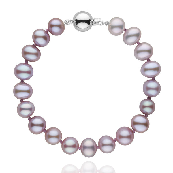Elegant 8.5-9.0 mm Lavender Freshwater AA+ Pearl Bracelet featuring lustrous lavender pearls strung with a polished 14K white gold clasp for a refined and timeless look.