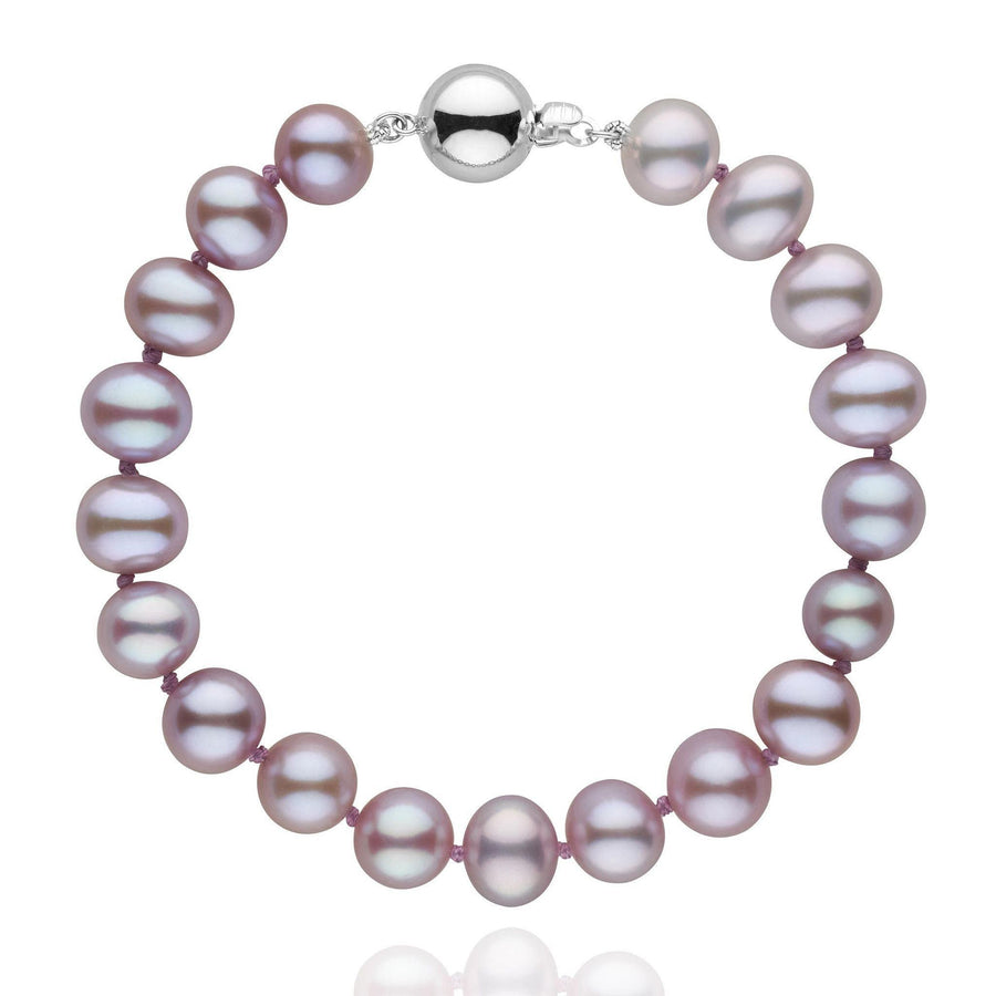 Elegant 8.5-9.0 mm Lavender Freshwater AA+ Pearl Bracelet featuring lustrous lavender pearls strung with a polished 14K white gold clasp for a refined and timeless look.