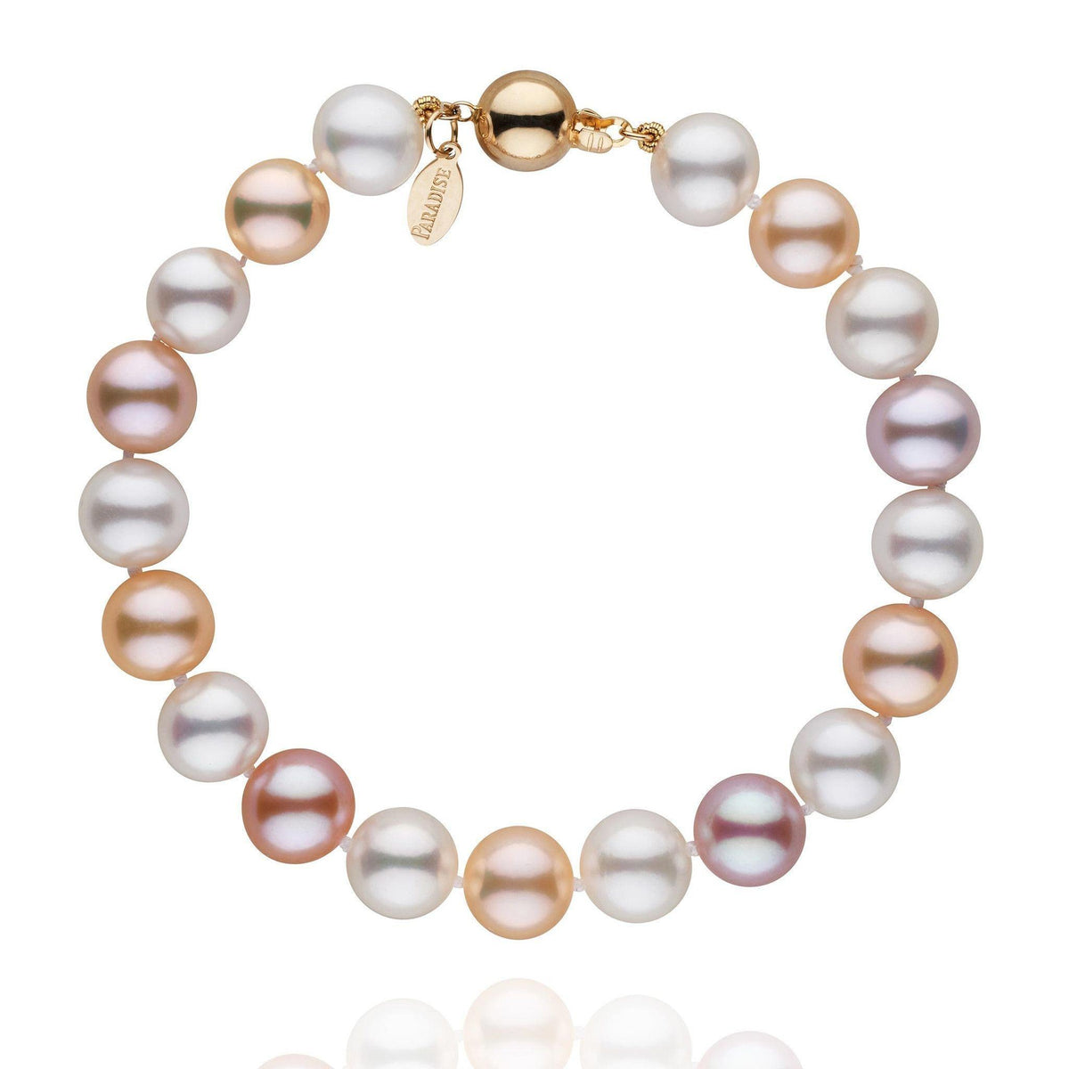8.5-9.0 mm Multicolor Freshadama Pearl Bracelet featuring round freshwater pearls in shades of white, pink, peach, and lavender with a gold clasp.