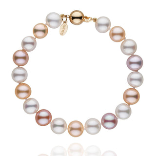 8.5-9.0 mm Multicolor Freshadama Pearl Bracelet featuring round freshwater pearls in shades of white, pink, peach, and lavender with a gold clasp.