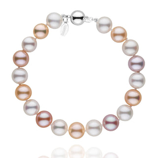 8.5-9.0 mm Multicolor Freshadama Pearl Bracelet featuring round freshwater pearls in shades of white, peach, pink, and lavender with a 14K white gold clasp.