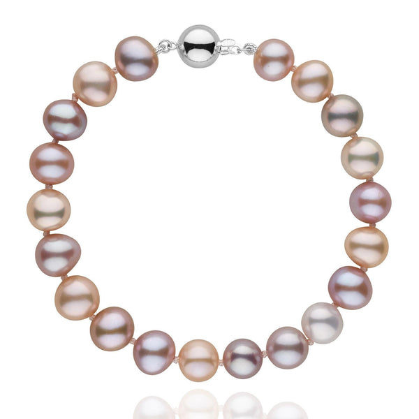 A delicate 8.5-9.0 mm Multicolor Freshwater AA+ Pearl Bracelet featuring a variety of soft pastel hues with a shiny 14K white gold clasp for an elegant finish.