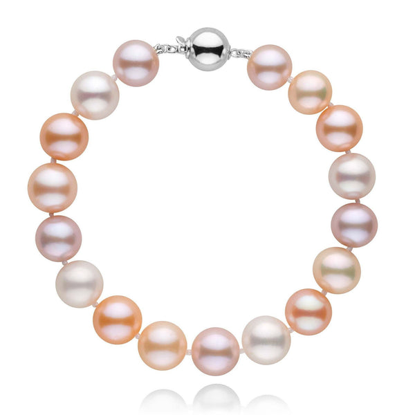 8.5-9.0 mm Multicolor Freshwater AAA Pearl Bracelet featuring lustrous round pearls in shades of white, pink, peach, and lavender with a 14K white gold clasp, elegant and timeless.
