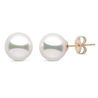 Certified 8.5-9.0 mm Natural White Hanadama Pearl Earrings yellow gold