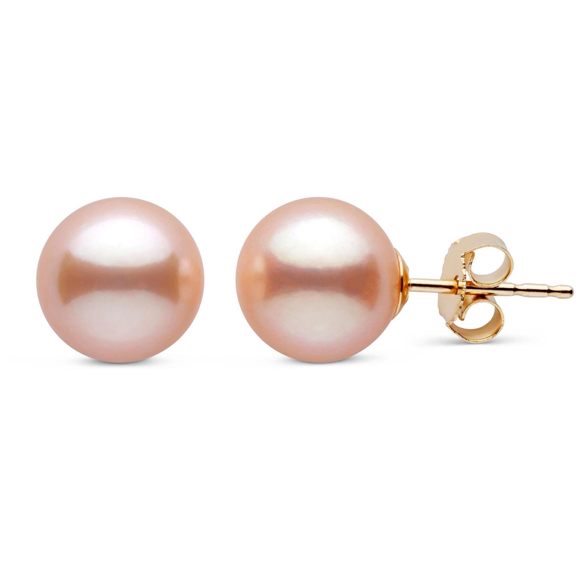 8.5-9.0 mm Pink to Peach Freshadama Freshwater Pearl Stud Earrings yellow gold