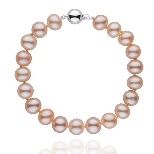 8.5-9.0 mm Pink to Peach Freshwater AA+ Pearl Bracelet featuring lustrous round pearls with smooth surfaces and a polished 14K white gold clasp, perfect for elegant wear.