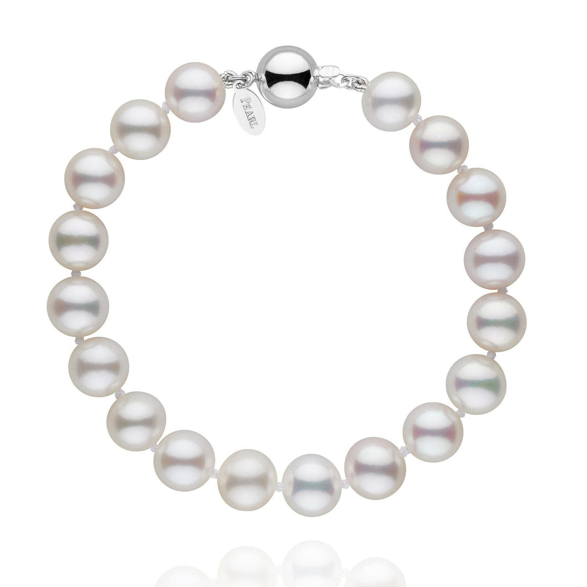 8.5-9.0 mm White Freshadama Pearl Bracelet featuring lustrous white freshwater pearls with a polished 14K white gold clasp, showcasing a classic and elegant pearl bracelet design.