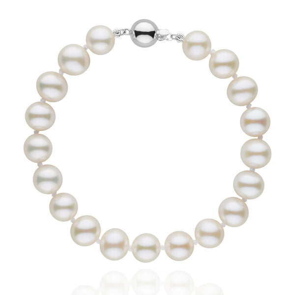 8.5-9.0 mm White Freshwater AA+ Pearl Bracelet featuring lustrous, round white freshwater pearls with a polished 14K white gold clasp, elegant and perfect for fine pearl jewelry collections.