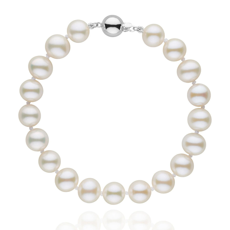 8.5-9.0 mm White Freshwater AA+ Pearl Bracelet featuring lustrous, round white freshwater pearls with a polished 14K white gold clasp, elegant and perfect for fine pearl jewelry collections.