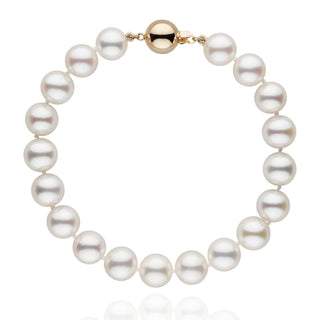8.5-9.0 mm AAA White Freshwater Pearl Bracelet with lustrous round pearls and a polished gold clasp, showcasing classic elegance and timeless beauty.