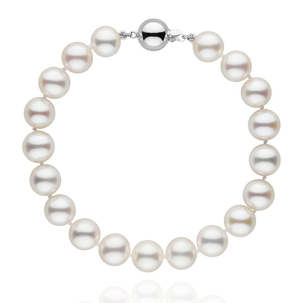 8.5-9.0 mm AAA White Freshwater Pearl Bracelet featuring lustrous round white freshwater pearls with a polished 14K white gold clasp, elegant and timeless pearl jewelry piece.