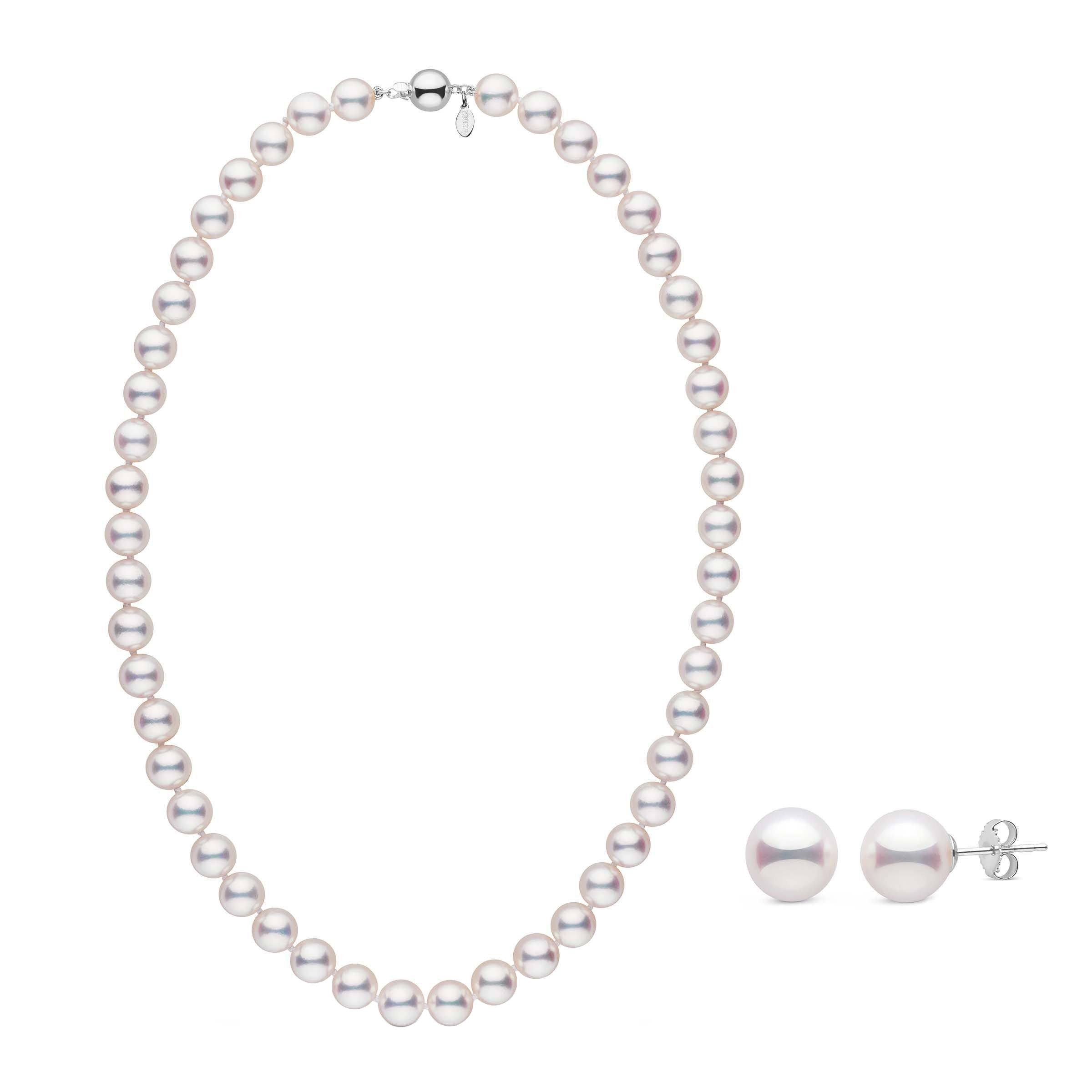 Certified 9.0-9.5 mm White Hanadama Akoya Pearl Set Necklace and Earrings in white gold