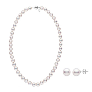 Certified 9.0-9.5 mm White Hanadama Akoya Pearl Set Necklace and Earrings in white gold