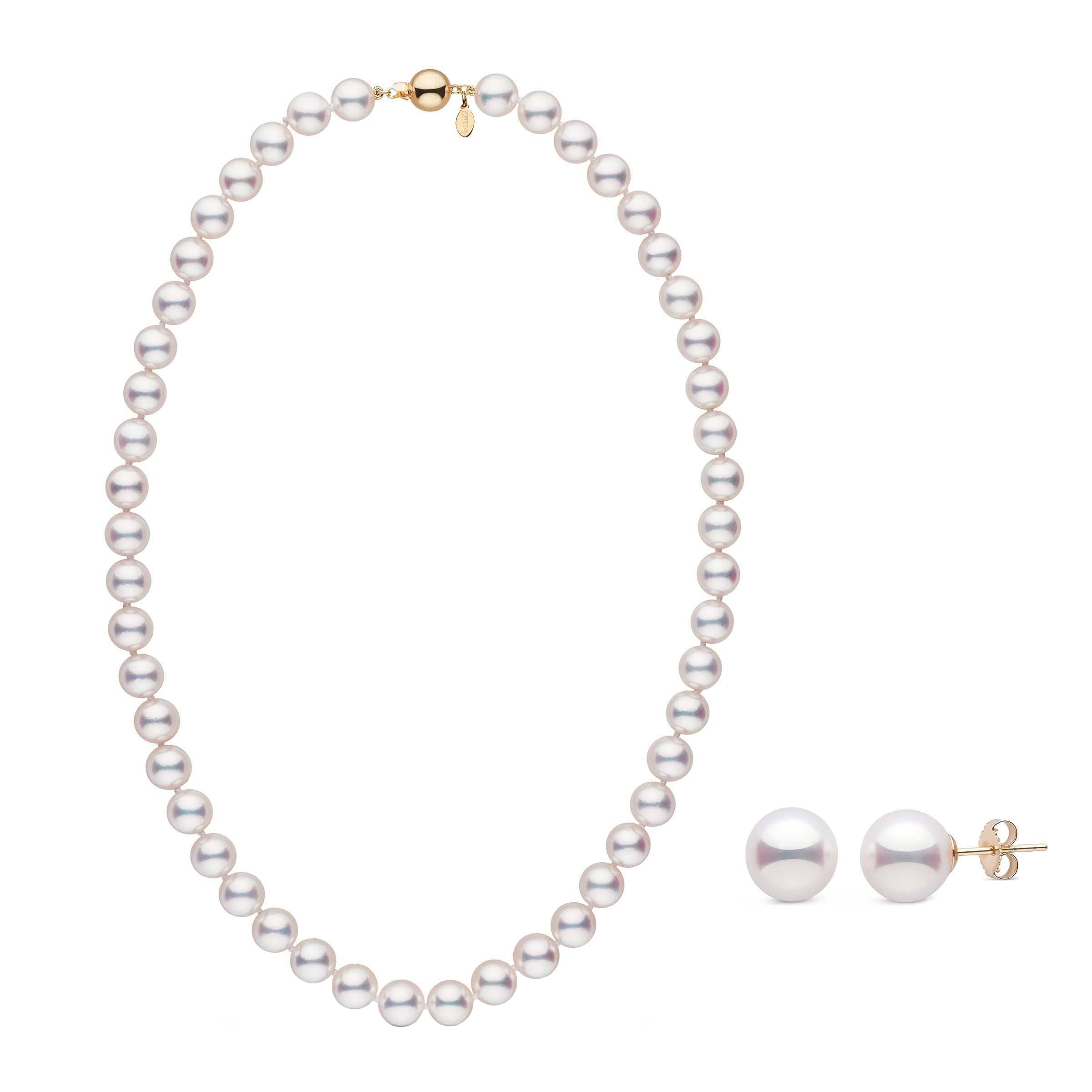 Certified 9.0-9.5 mm White Hanadama Akoya Pearl Set Necklace and Earrings in yellow gold