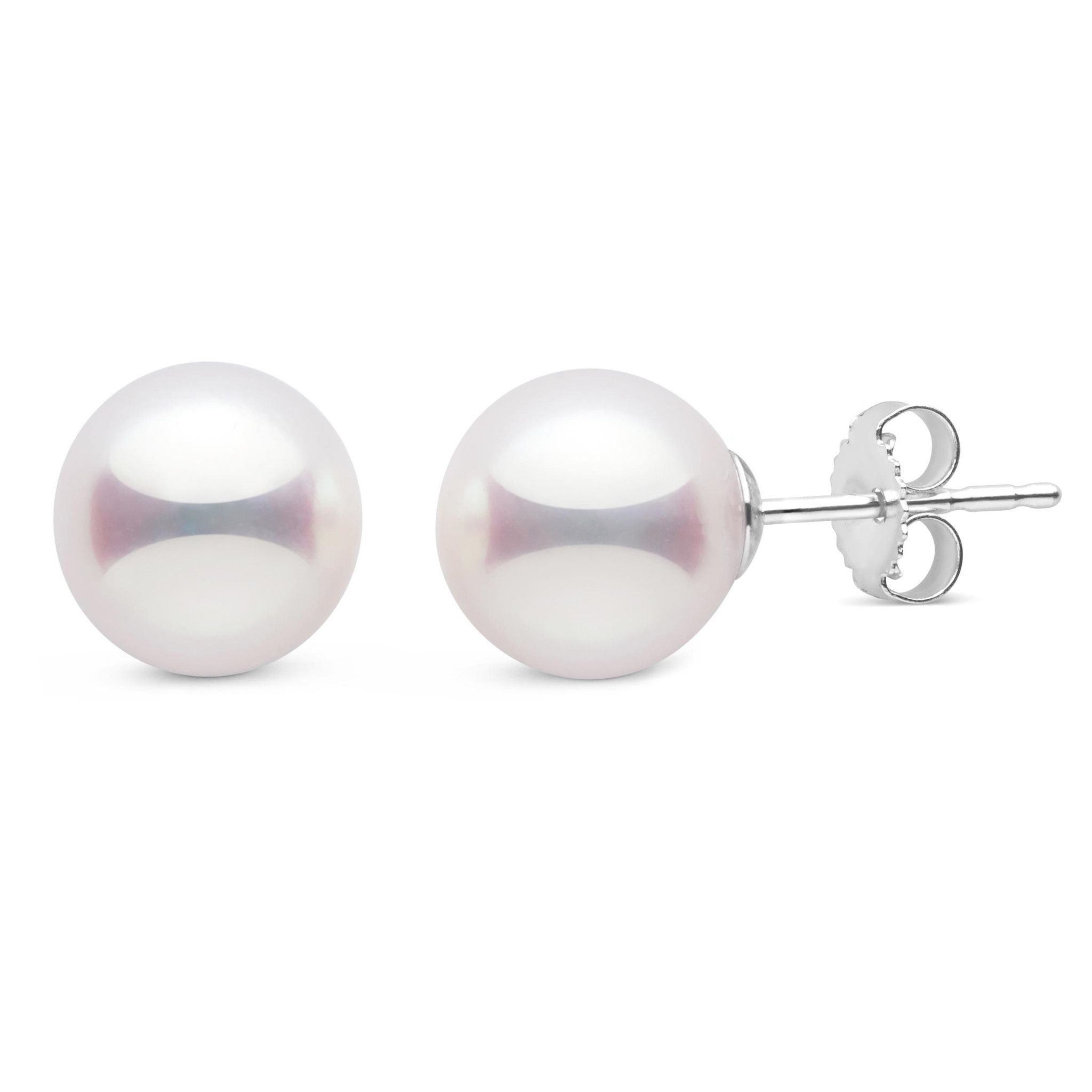 8.5-9.0 mm White Hanadama Pearl Stud Earrings on white gold