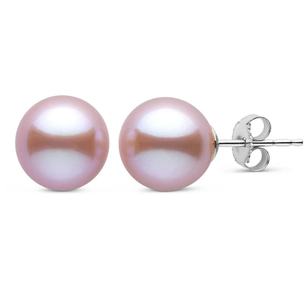 9.0-10.0 mm AAA Lavender Freshwater Pearl Stud Earrings featuring round, lustrous lavender freshwater pearls set on 14K white gold posts, perfect for elegant and timeless style.