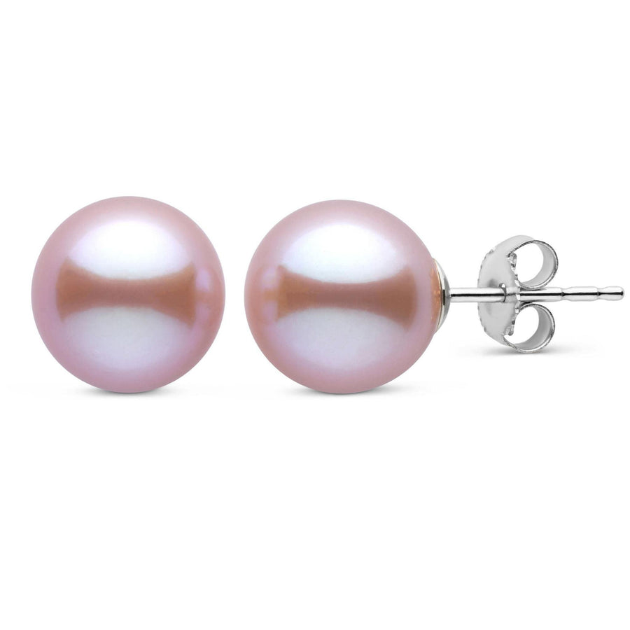 9.0-10.0 mm AAA Lavender Freshwater Pearl Stud Earrings featuring round, lustrous lavender freshwater pearls set on 14K white gold posts, perfect for elegant and timeless style.