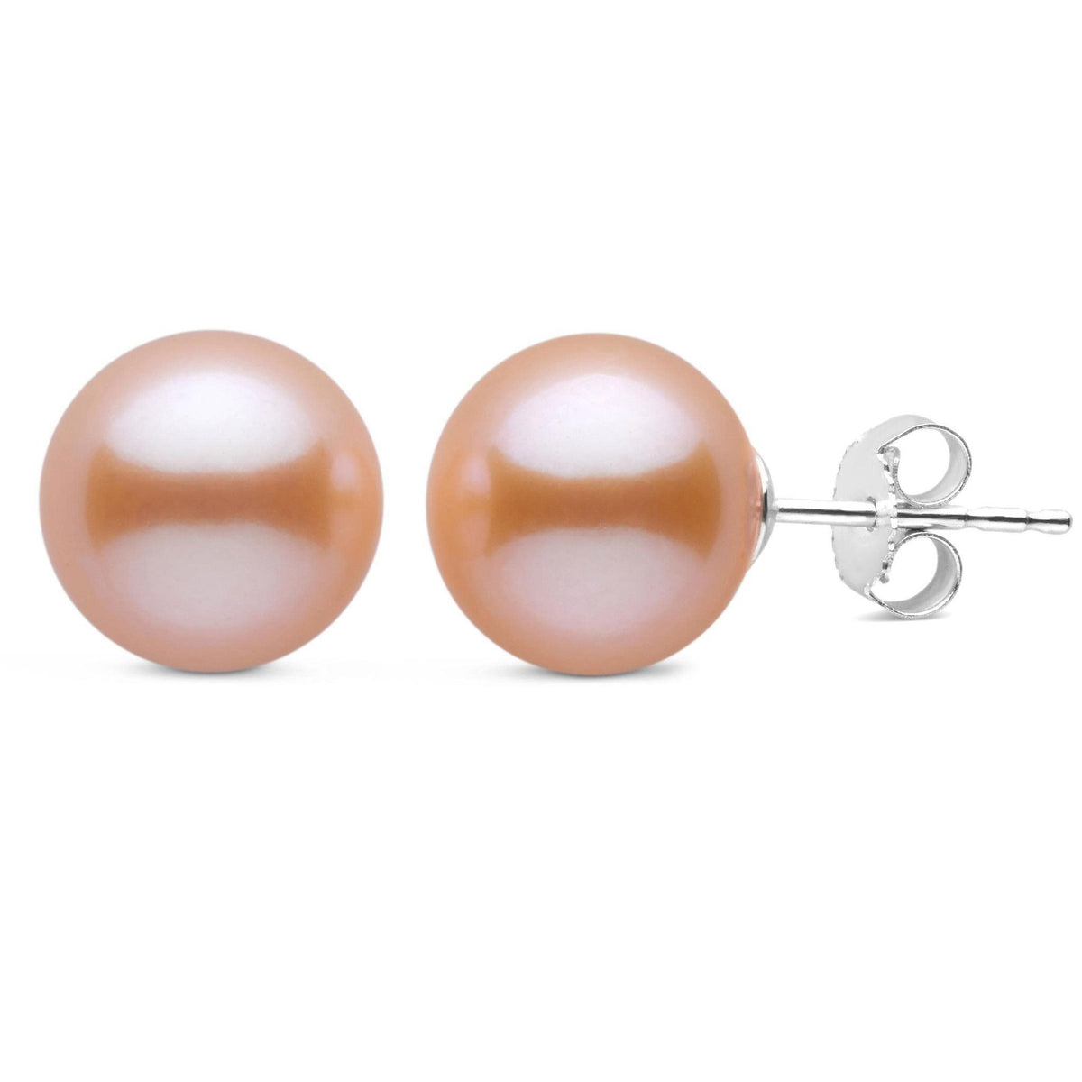 9.0-10.0 mm AAA Pink to Peach Freshwater Pearl Stud Earrings featuring round, lustrous pearls set on 14K white gold posts, perfect for elegant, everyday wear.