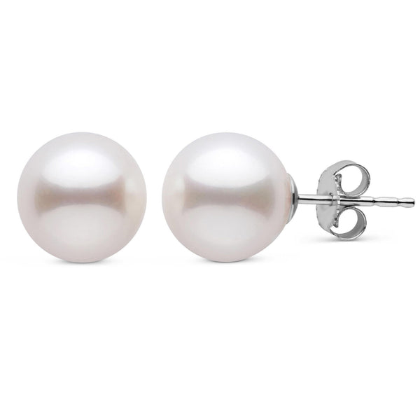 9.0-10.0 mm AAA White Freshwater Pearl Stud Earrings showcasing a pair of lustrous white pearls set on 14K white gold posts, elegant and classic pearl earrings for everyday wear.