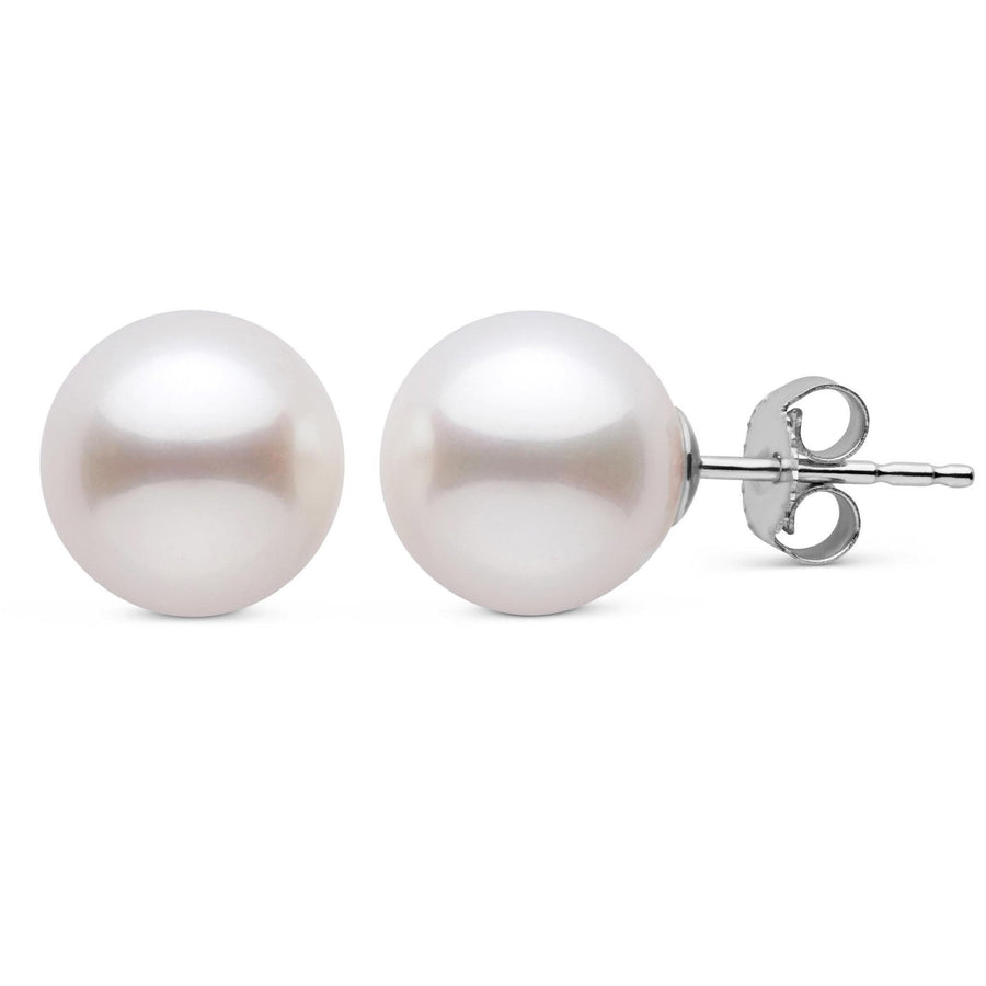9.0-10.0 mm AAA White Freshwater Pearl Stud Earrings showcasing a pair of lustrous white pearls set on 14K white gold posts, elegant and classic pearl earrings for everyday wear.