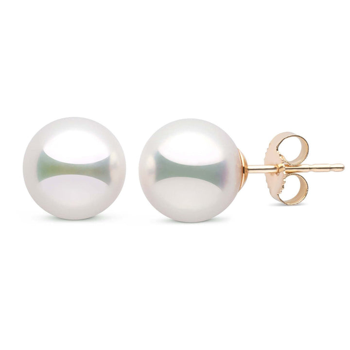 Large, certified natural white 9.0-9.5 mm Hanadama Pearl Stud Earrings in yellow gold