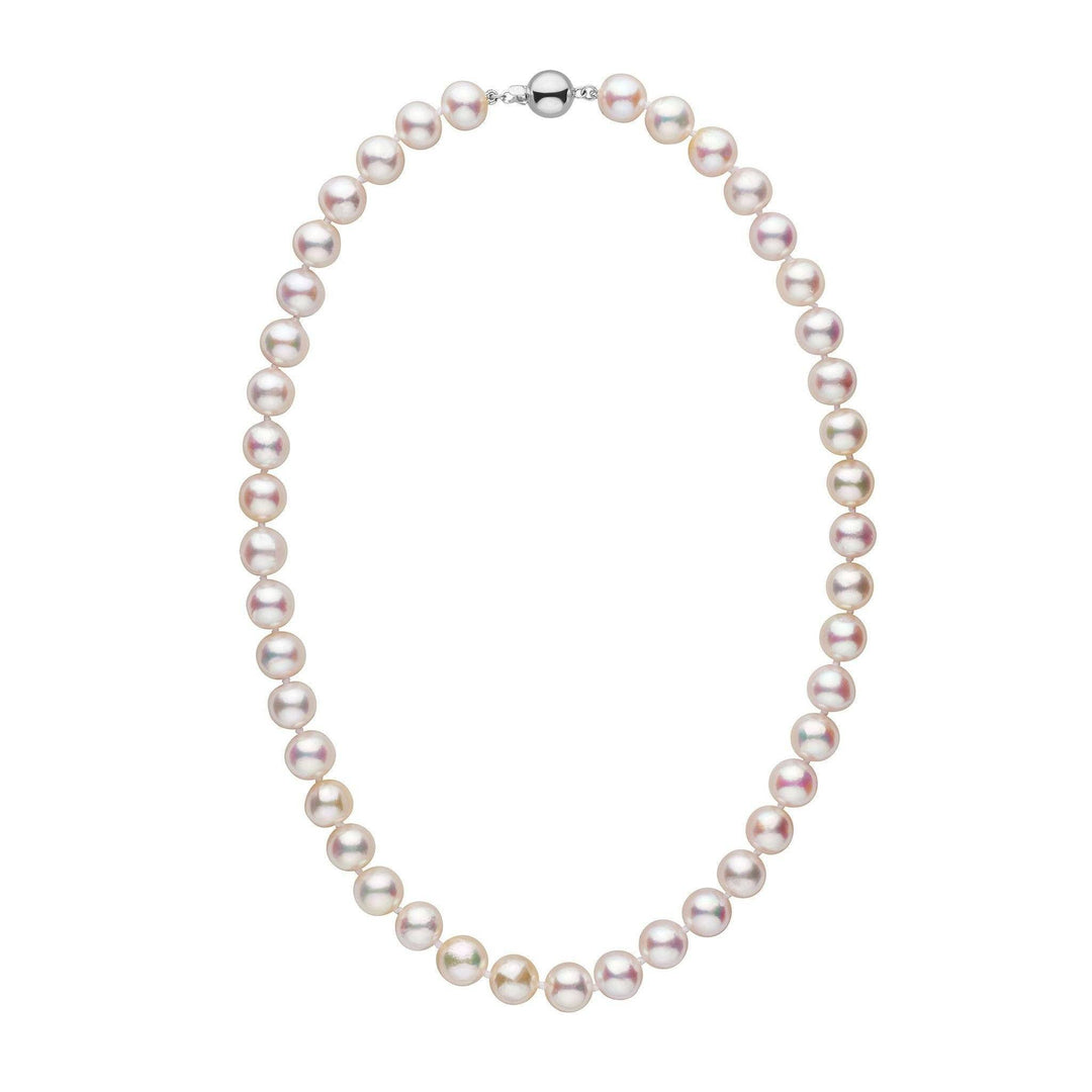 9.5-10.0 mm AAA White Akoya Pearl Necklace featuring lustrous, round white akoya pearls with a silver clasp, showcasing classic elegance and fine pearl craftsmanship.
