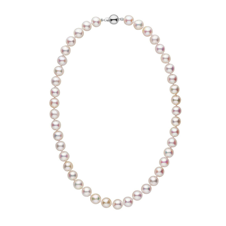 9.5-10.0 mm AAA White Akoya Pearl Necklace featuring lustrous, round white akoya pearls with a silver clasp, showcasing classic elegance and fine pearl craftsmanship.