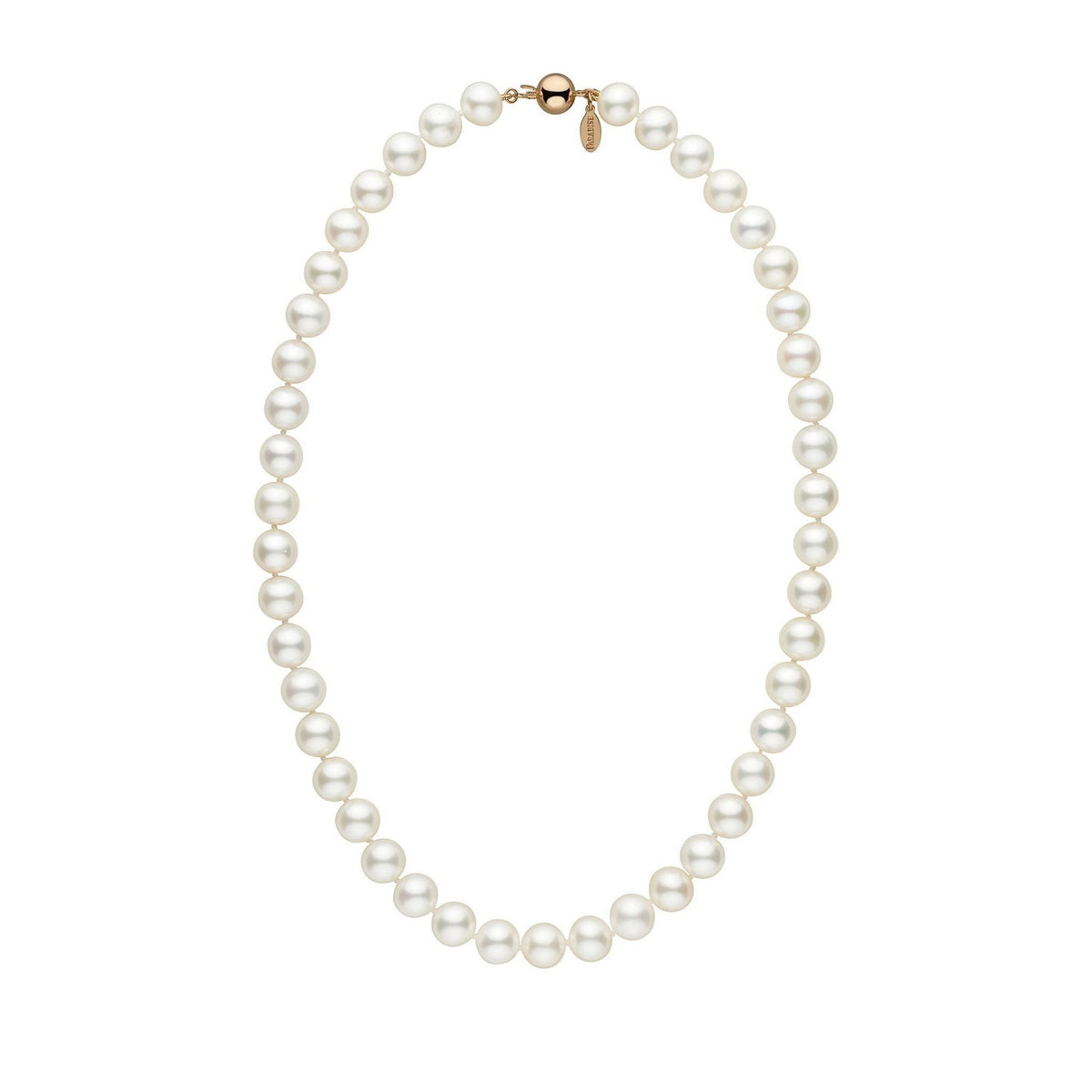9.5-10.5 mm White Freshadama Freshwater Pearl Necklace featuring lustrous white freshwater pearls with a polished gold clasp, elegant and classic pearl strand design.