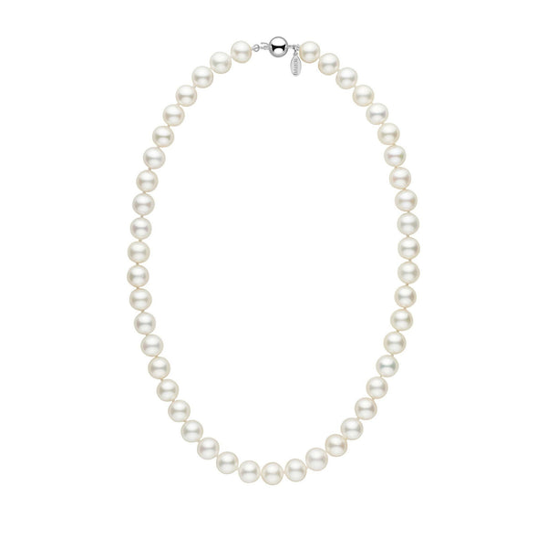 9.5-10.5 mm White Freshadama Freshwater Pearl Necklace featuring lustrous round white freshwater pearls with a 14K white gold clasp, perfect for elegant occasions and timeless style.