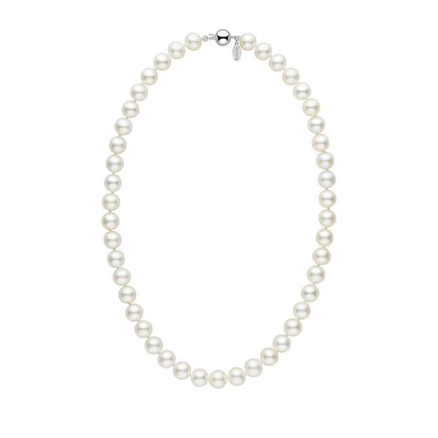 9.5-10.5 mm White Freshadama Freshwater Pearl Necklace featuring lustrous round white freshwater pearls with a 14K white gold clasp, perfect for elegant occasions and timeless style.