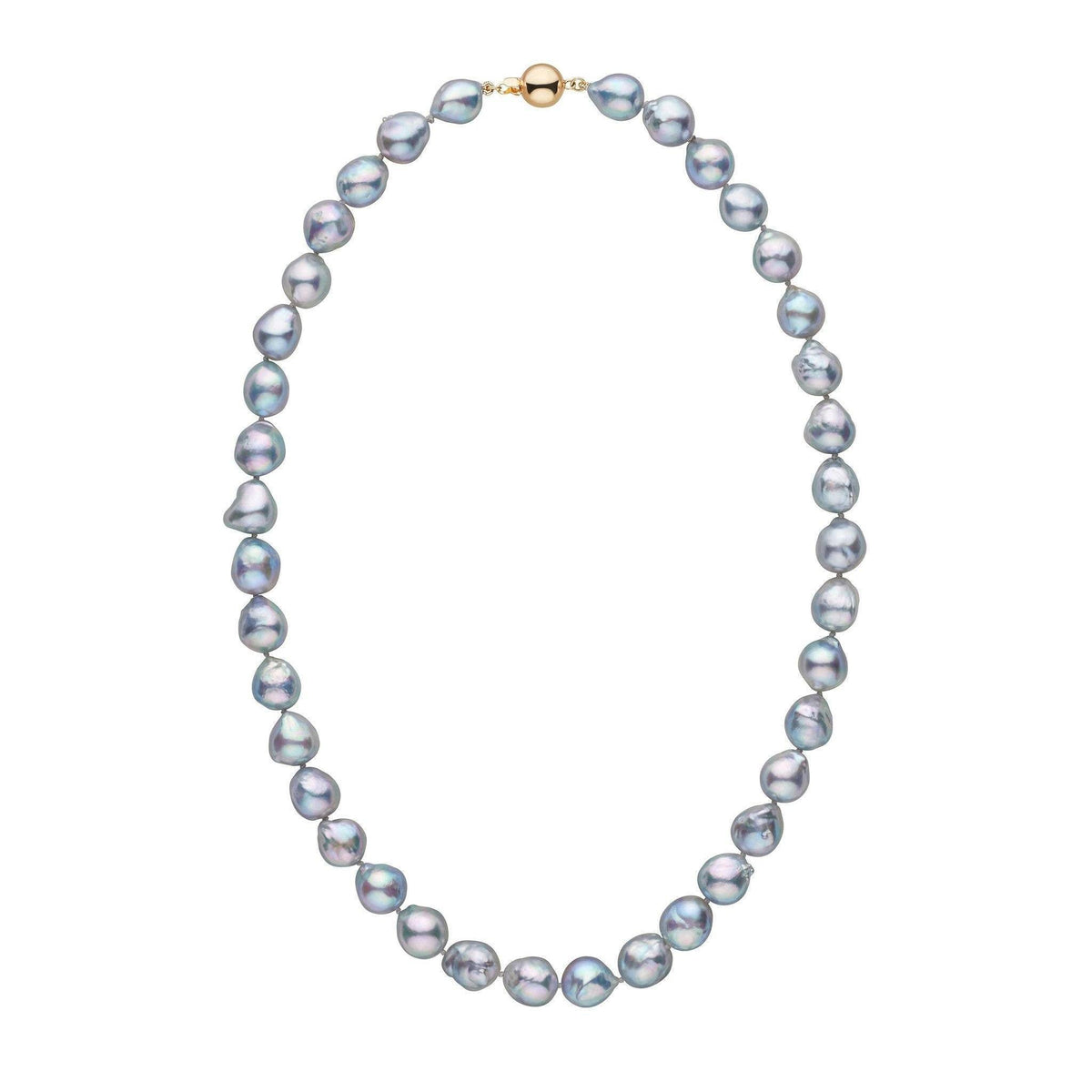 9.5-10.0 mm Silver-Blue Akoya Baroque Pearl Necklace featuring irregularly shaped cultured akoya pearls with a silver-blue luster and a gold clasp, elegant and unique pearl strand.